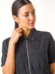 Roman Black Denim Zip Midi Dress - Image 4 of 5