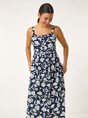 Roman Blue Floral Print Midi Sundress - Image 3 of 5