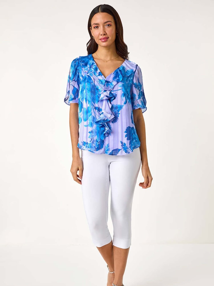 Roman Blue Floral Print Ruffle Top - Image 2 of 5