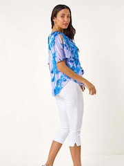 Roman Blue Floral Print Ruffle Top - Image 3 of 5