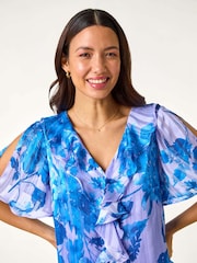 Roman Blue Floral Print Ruffle Top - Image 4 of 5