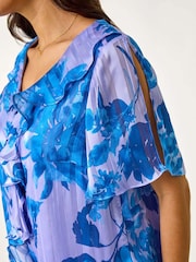 Roman Blue Floral Print Ruffle Top - Image 5 of 5