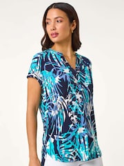 Roman Blue Textured Abstract Print Top - Image 1 of 5