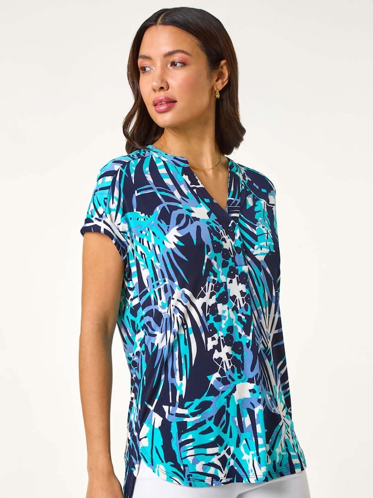 Roman Blue Textured Abstract Print Top - Image 1 of 5