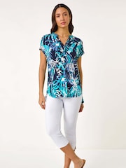 Roman Blue Textured Abstract Print Top - Image 2 of 5