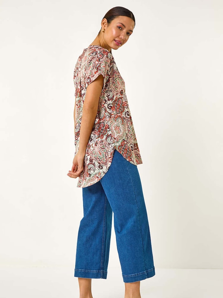 Roman Orange Paisley Print V-Neck Top - Image 1 of 5