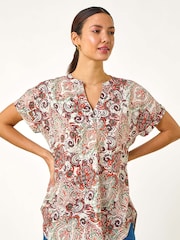 Roman Orange Paisley Print V-Neck Top - Image 2 of 5