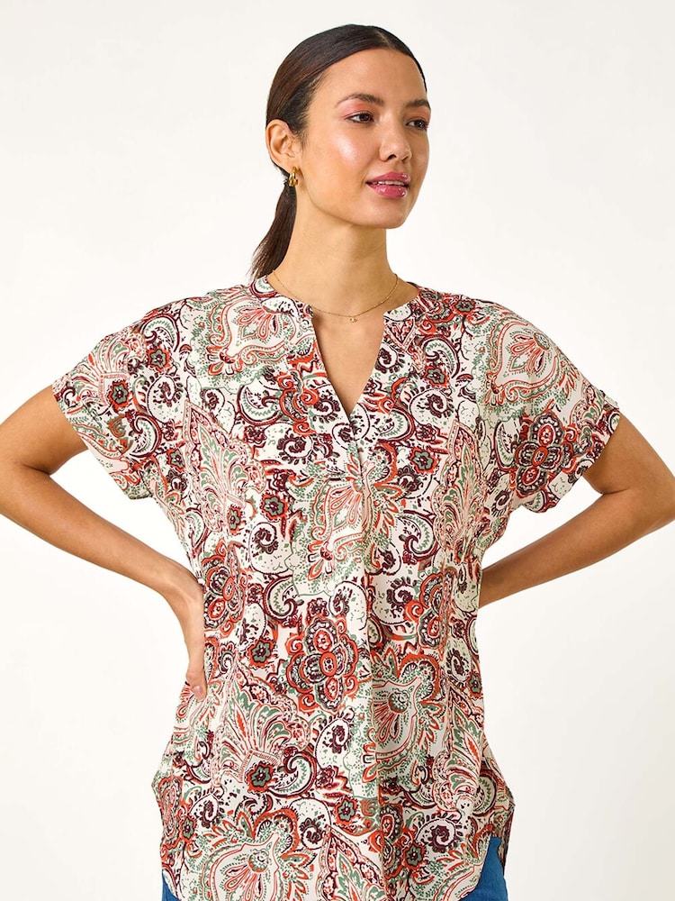 Roman Orange Paisley Print V-Neck Top - Image 2 of 5