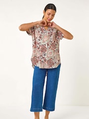 Roman Orange Paisley Print V-Neck Top - Image 3 of 5
