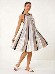 Roman Natural Halter Neck Striped Knit Dress - Image 1 of 5