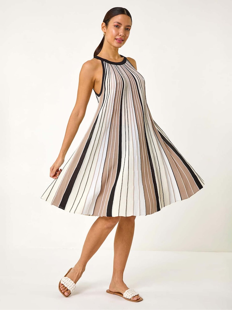 Roman Natural Halter Neck Striped Knit Dress - Image 1 of 5