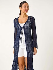 Roman Blue Longline Tie Cotton Blend Knit Cardigan - Image 1 of 5