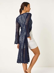 Roman Blue Longline Tie Cotton Blend Knit Cardigan - Image 3 of 5