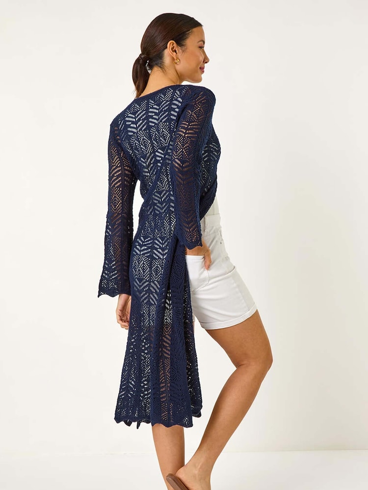 Roman Blue Longline Tie Cotton Blend Knit Cardigan - Image 3 of 5