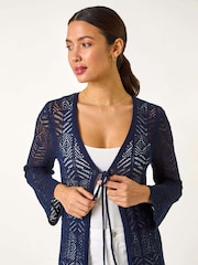 Roman Blue Longline Tie Cotton Blend Knit Cardigan - Image 4 of 5