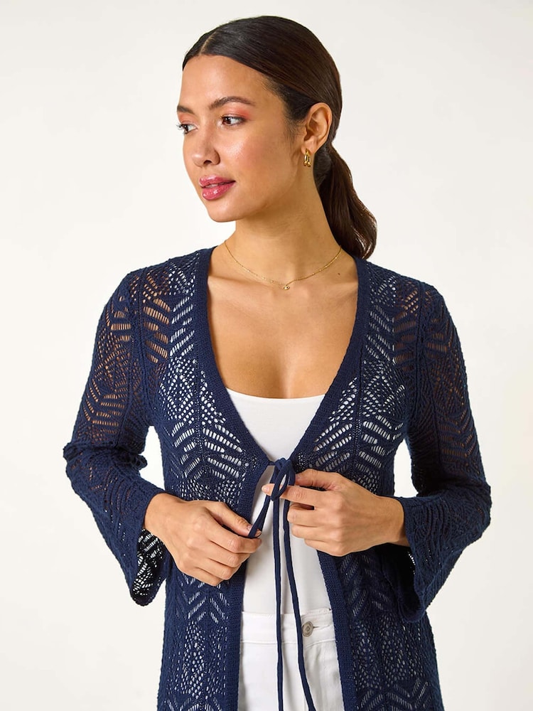 Roman Blue Longline Tie Cotton Blend Knit Cardigan - Image 4 of 5