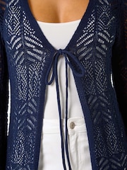 Roman Blue Longline Tie Cotton Blend Knit Cardigan - Image 5 of 5