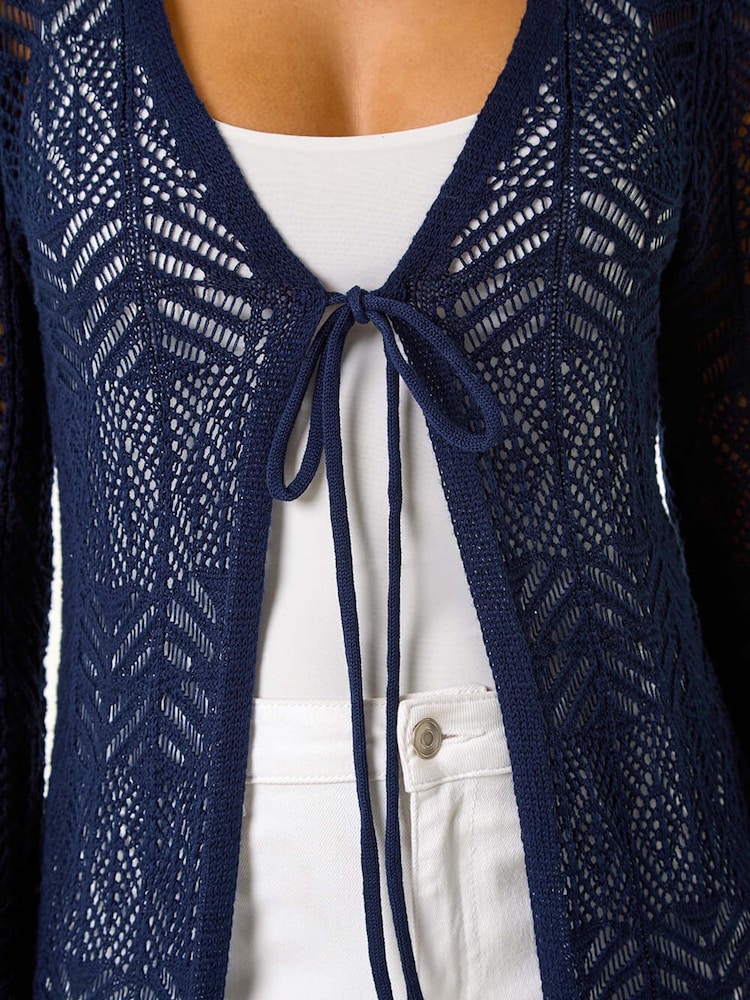 Roman Blue Longline Tie Cotton Blend Knit Cardigan - Image 5 of 5