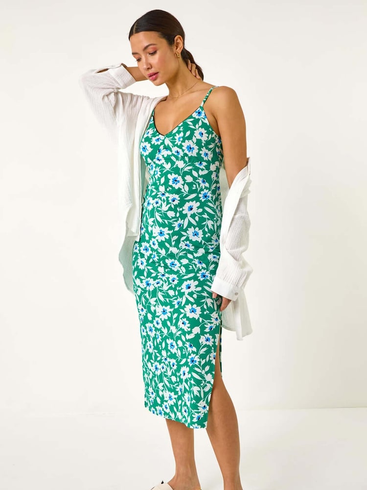 Roman Green Floral Strappy Midi Dress - Image 1 of 5