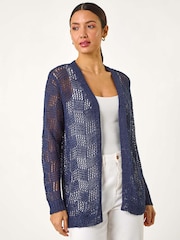Roman Blue Pointelle Tape Patterned Cardigan - Image 1 of 5