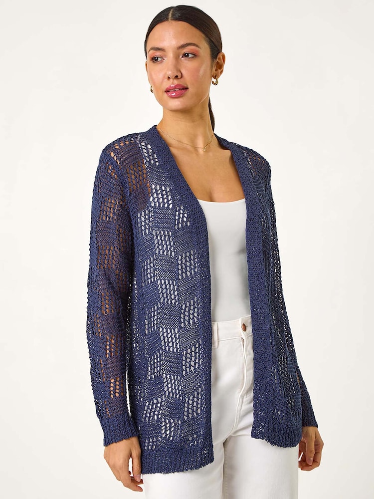 Roman Blue Pointelle Tape Patterned Cardigan - Image 1 of 5