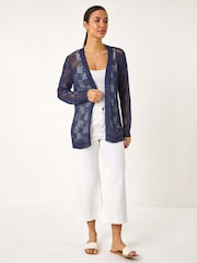 Roman Blue Pointelle Tape Patterned Cardigan - Image 2 of 5