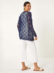 Roman Blue Pointelle Tape Patterned Cardigan - Image 3 of 5