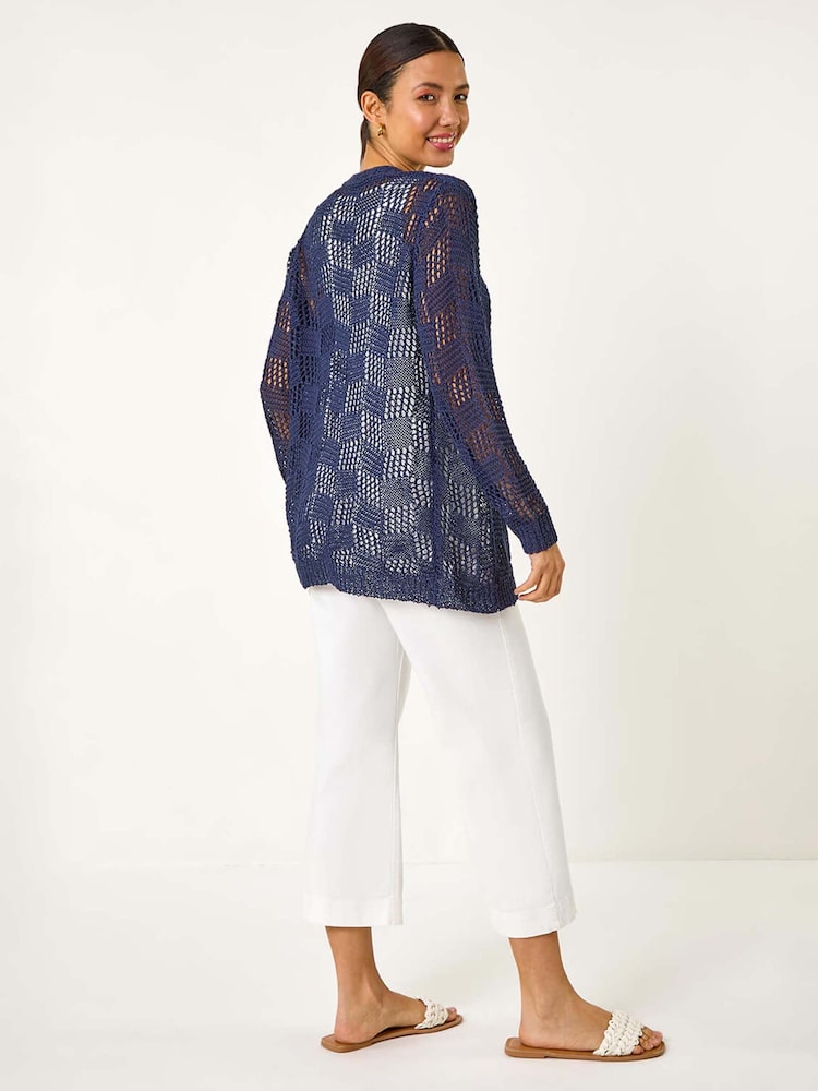 Roman Blue Pointelle Tape Patterned Cardigan - Image 3 of 5