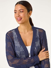 Roman Blue Pointelle Tape Patterned Cardigan - Image 4 of 5