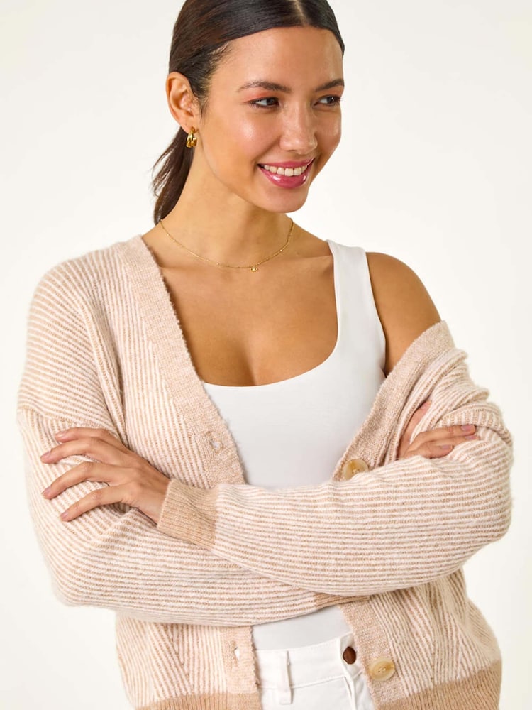 Roman Natural Textured V-Neck Knit Cardigan - Image 1 of 5 Roman Natural Textured V-Neck Knit Cardigan - Image 1 of 5