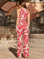 Sosandar Red Tropical Print Halter Neck Jumpsuit - Image 3 of 5