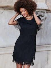 Sosandar Black Fringe Detail Mini Dress - Image 1 of 5