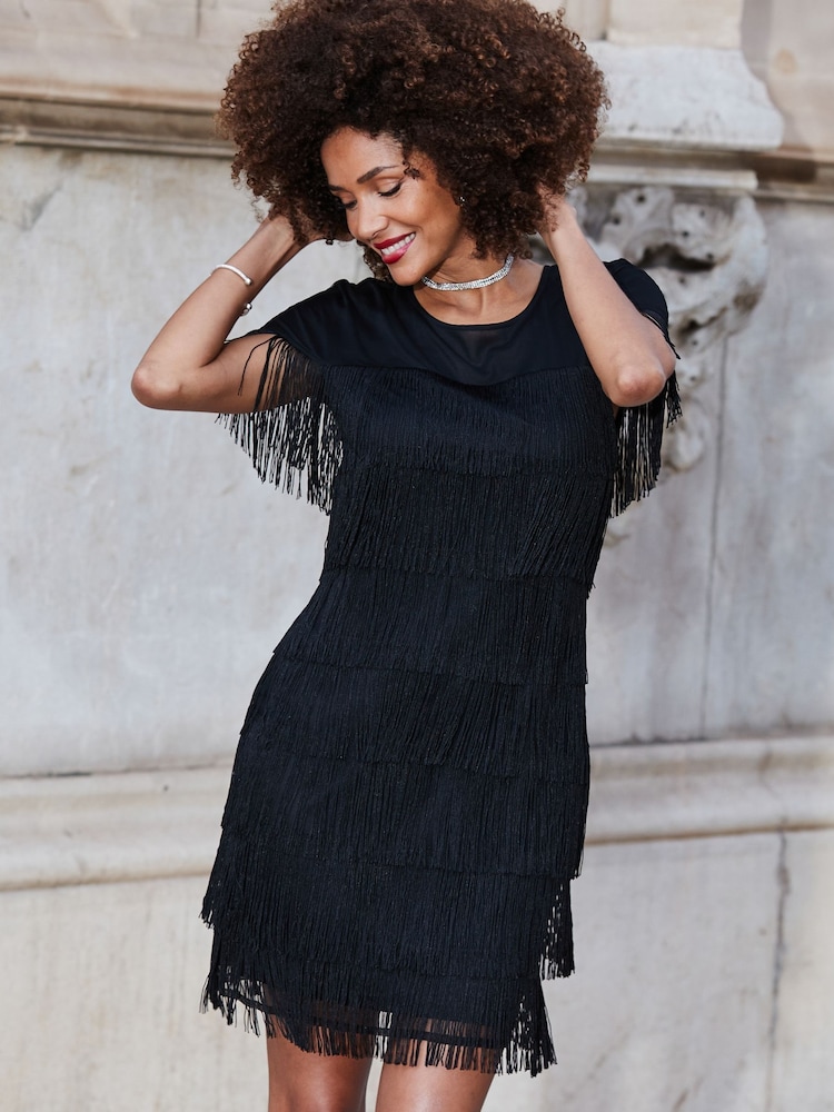 Sosandar Black Fringe Detail Mini Dress - Image 1 of 5
