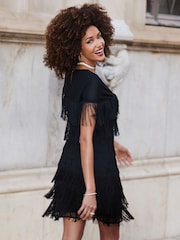 Sosandar Black Fringe Detail Mini Dress - Image 2 of 5