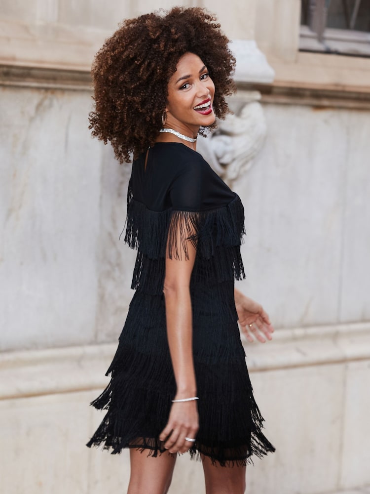 Sosandar Black Fringe Detail Mini Dress - Image 2 of 5