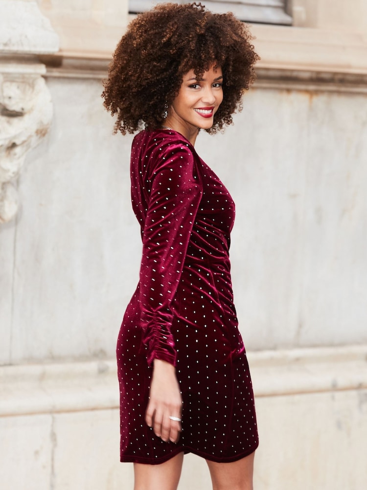 Sosandar Red Velvet Embellished Detail Dress - Image 2 of 4
