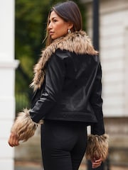 Sosandar Black Leather Biker Jacket With Faux Fur Trim - Image 3 of 4