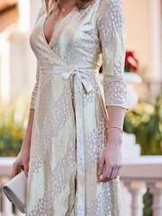 Sosandar Gold Petite Shimmering Metallic Animal Print Wrap Dress - Image 5 of 5