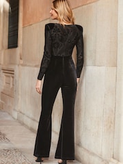 Sosandar Green Two Part Velvet Kick Flare Jumpsuit - Image 2 of 5