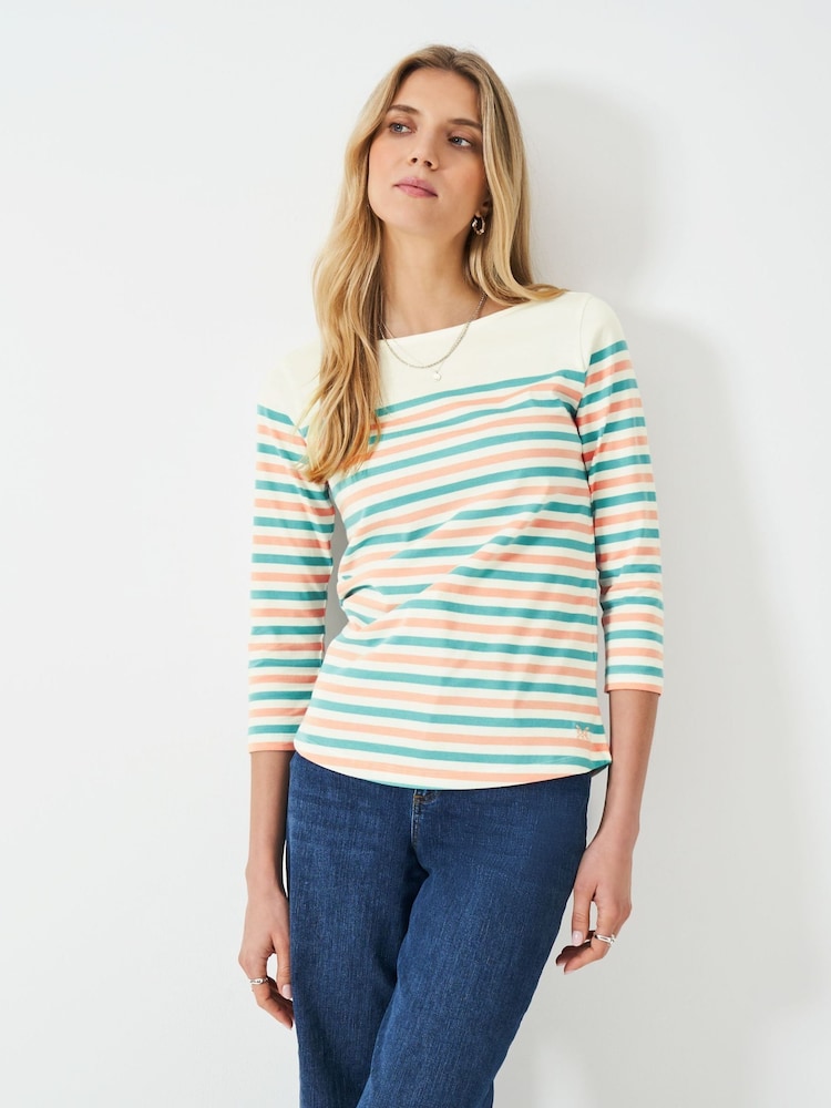 Crew Clothing Company White Ecru 100% Cotton Essential Breton Stripe Top - Image 1 of 5