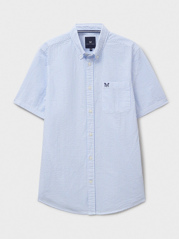 Crew Clothing Blue Short Sleeve Seersucker Stripe Shirt - Image 5 of 5