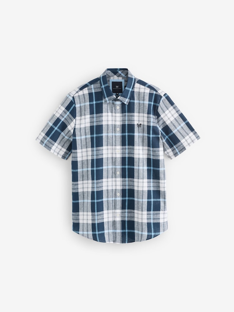 Crew Clothing Blue Short Sleeve Check Linen Shirt - Image 1 of 1