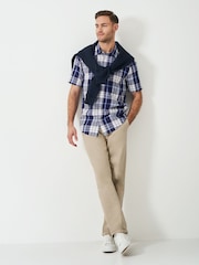 Crew Clothing Blue Short Sleeve Check Linen Shirt - Image 2 of 5