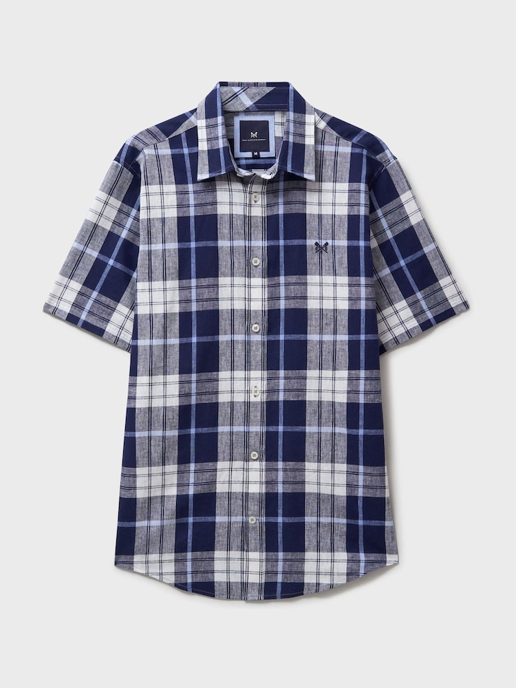 Crew Clothing Blue Short Sleeve Check Linen Shirt - Image 5 of 5