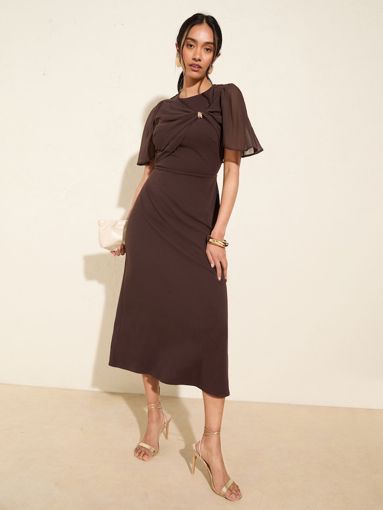 Friends Like These Chocolate Brown Petite Scuba Midi Dress With Chiffon Overlay - Image 2 of 5