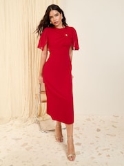 Friends Like These Red Petite Scuba Midi Dress With Chiffon Overlay - Image 1 of 4