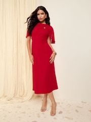 Friends Like These Red Petite Scuba Midi Dress With Chiffon Overlay - Image 3 of 4