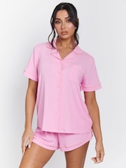 Loungeable Pink/Coral Trim Soft Rib Short Button Through Pyjamas - Image 1 of 4