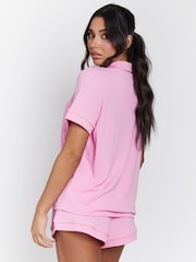 Loungeable Pink/Coral Trim Soft Rib Short Button Through Pyjamas - Image 2 of 4