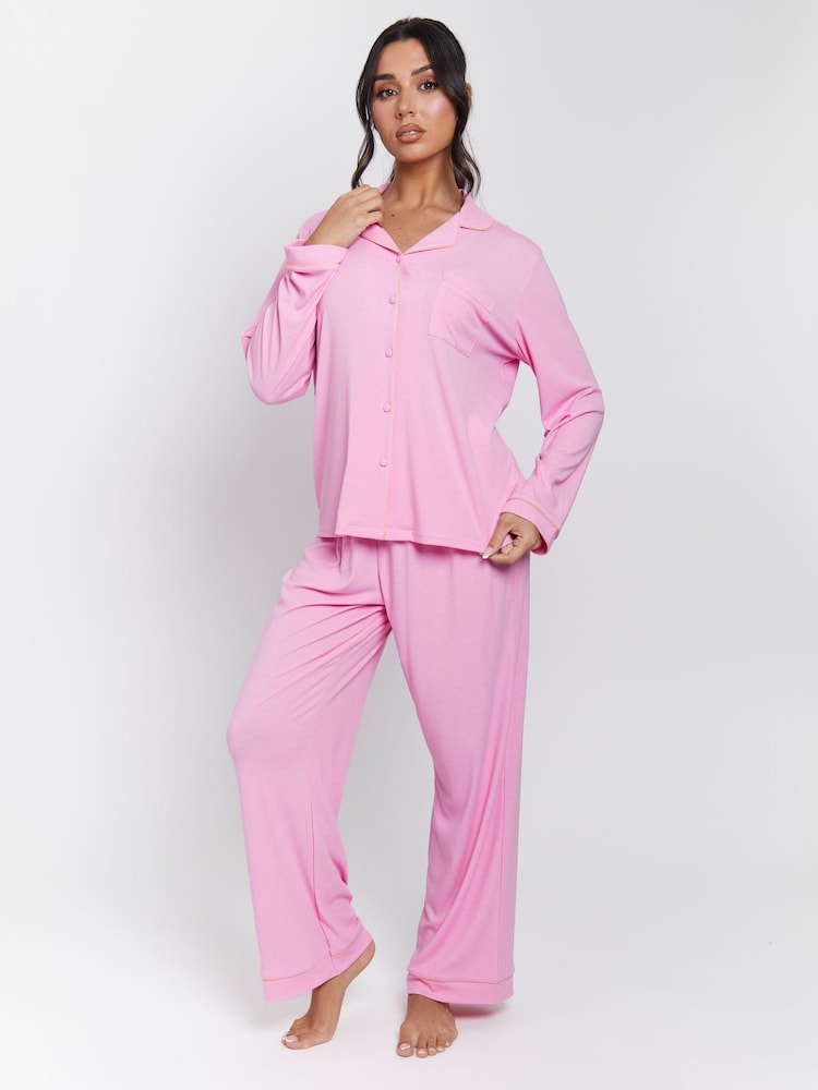 Loungeable Pink/Coral Trim Rib Long Sleeve Traditional Shirt and Long Pyjamas - Image 1 of 5